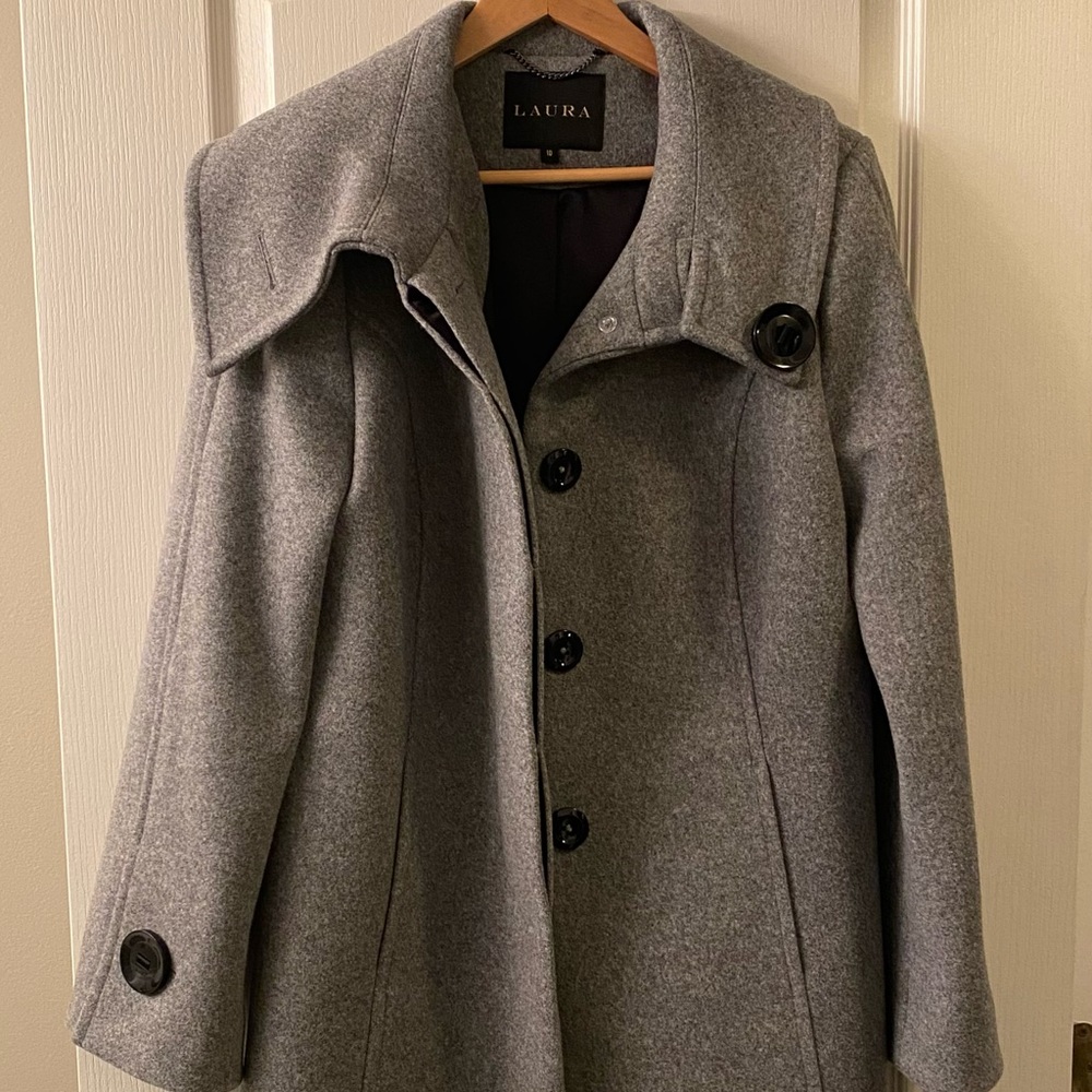 Gray Coat Single Breasted with hidden button feature.